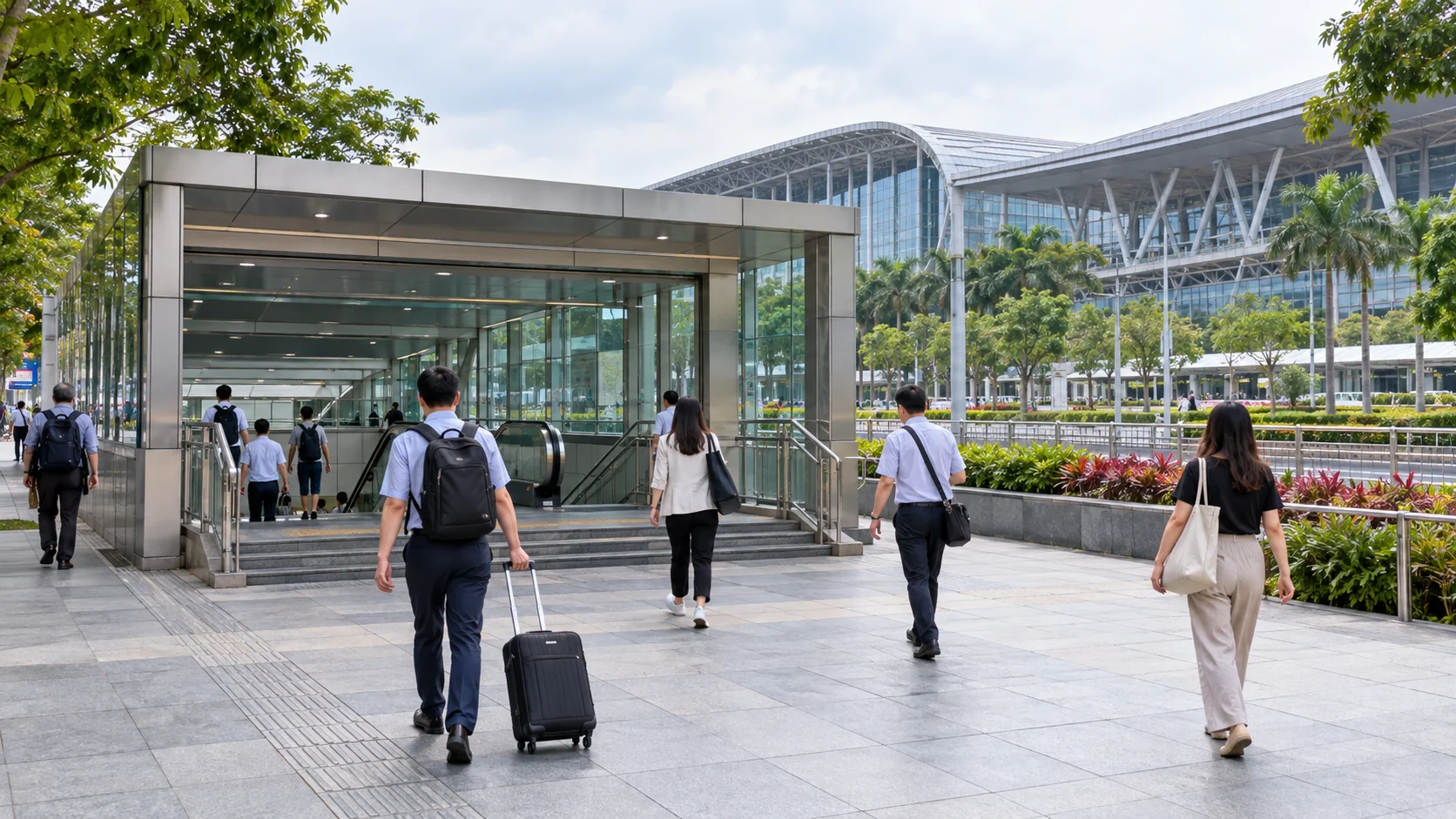 Travellers walking toward a metro entrance beside an exhibition district, an illustrative travel scene