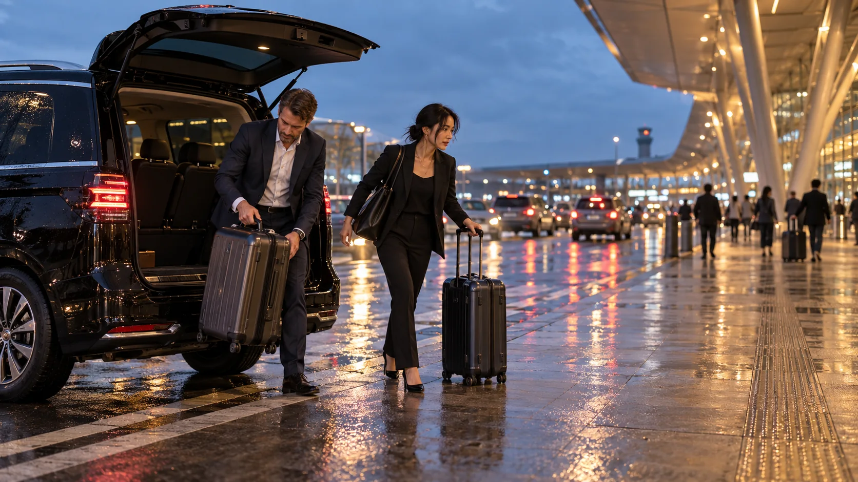 Business travellers unloading suitcases from a black MPV outside an airport terminal at dusk