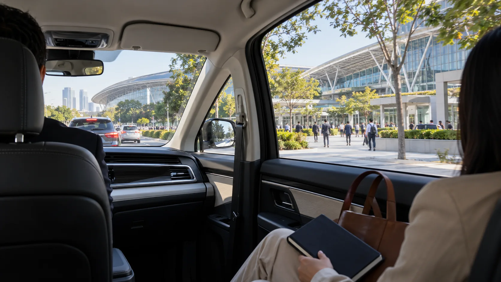 Illustrative view from a passenger vehicle approaching a modern Guangzhou exhibition district