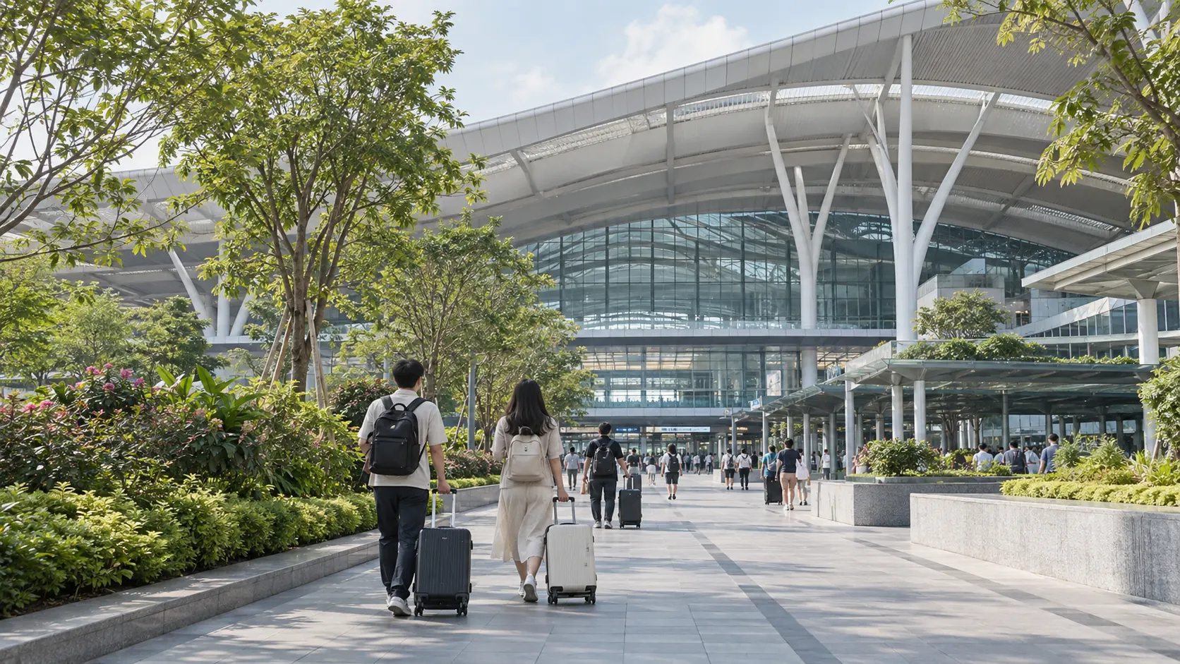 AI-generated illustration of a Guangzhou urban arrival setting for a rail and car journey comparison