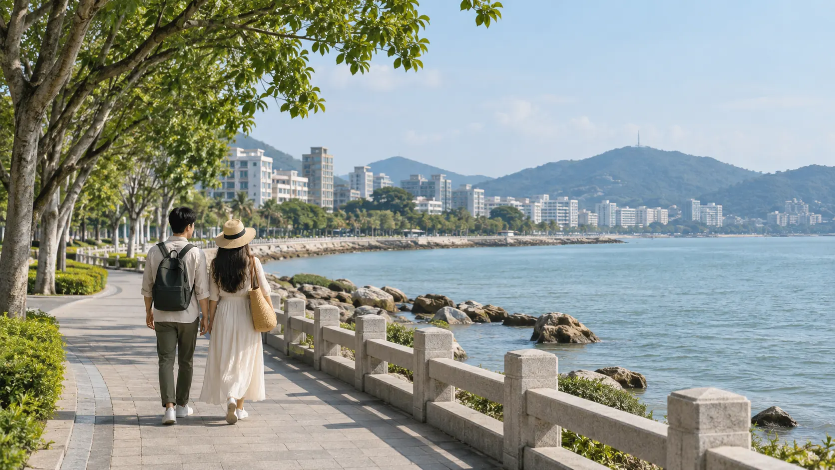 AI-generated illustration of the Zhuhai seafront for planning the final destination of a Hong Kong to Zhuhai journey
