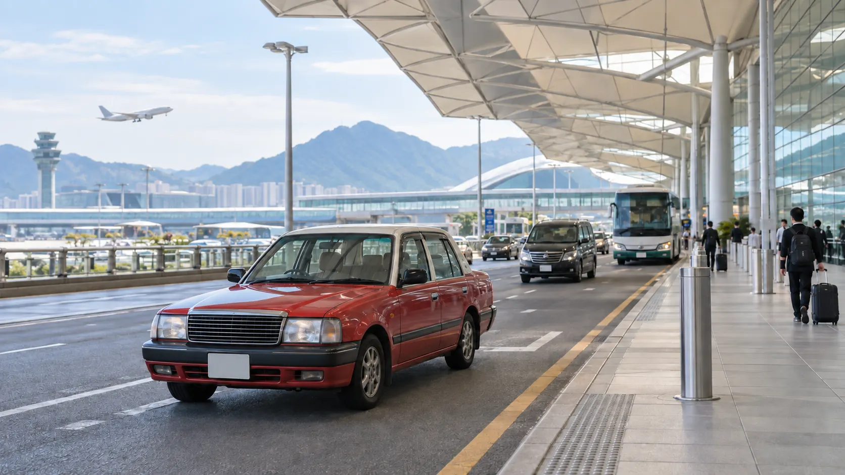 AI-generated illustration of an airport transport setting for comparing Hong Kong local and cross-border journeys