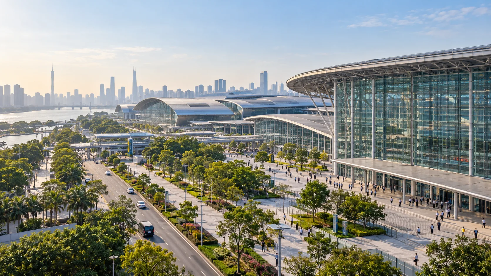 旅客在廣州會展區外查看參會資料與交通安排的示意