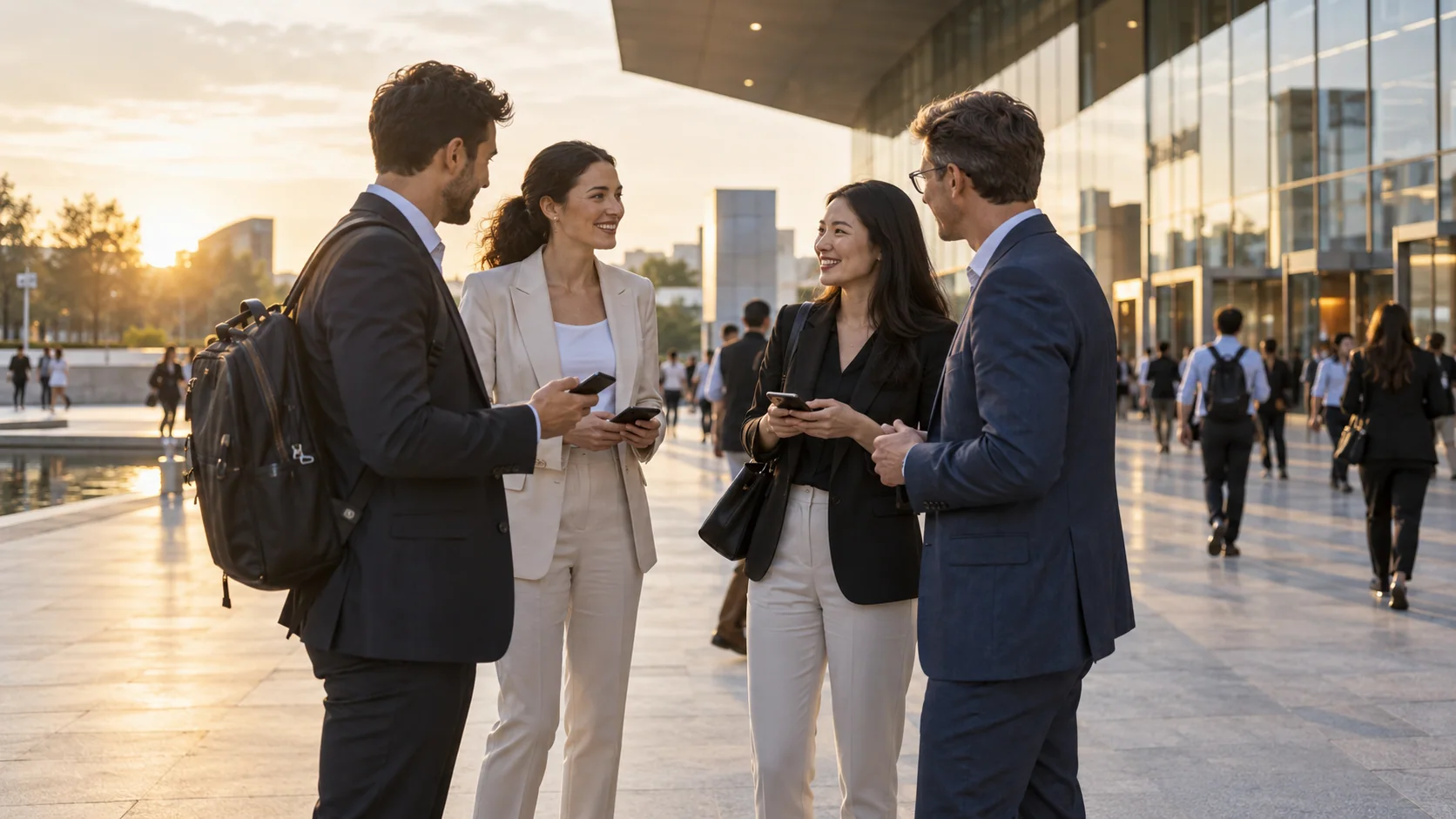 Illustration of buyers checking directions inside a large exhibition concourse