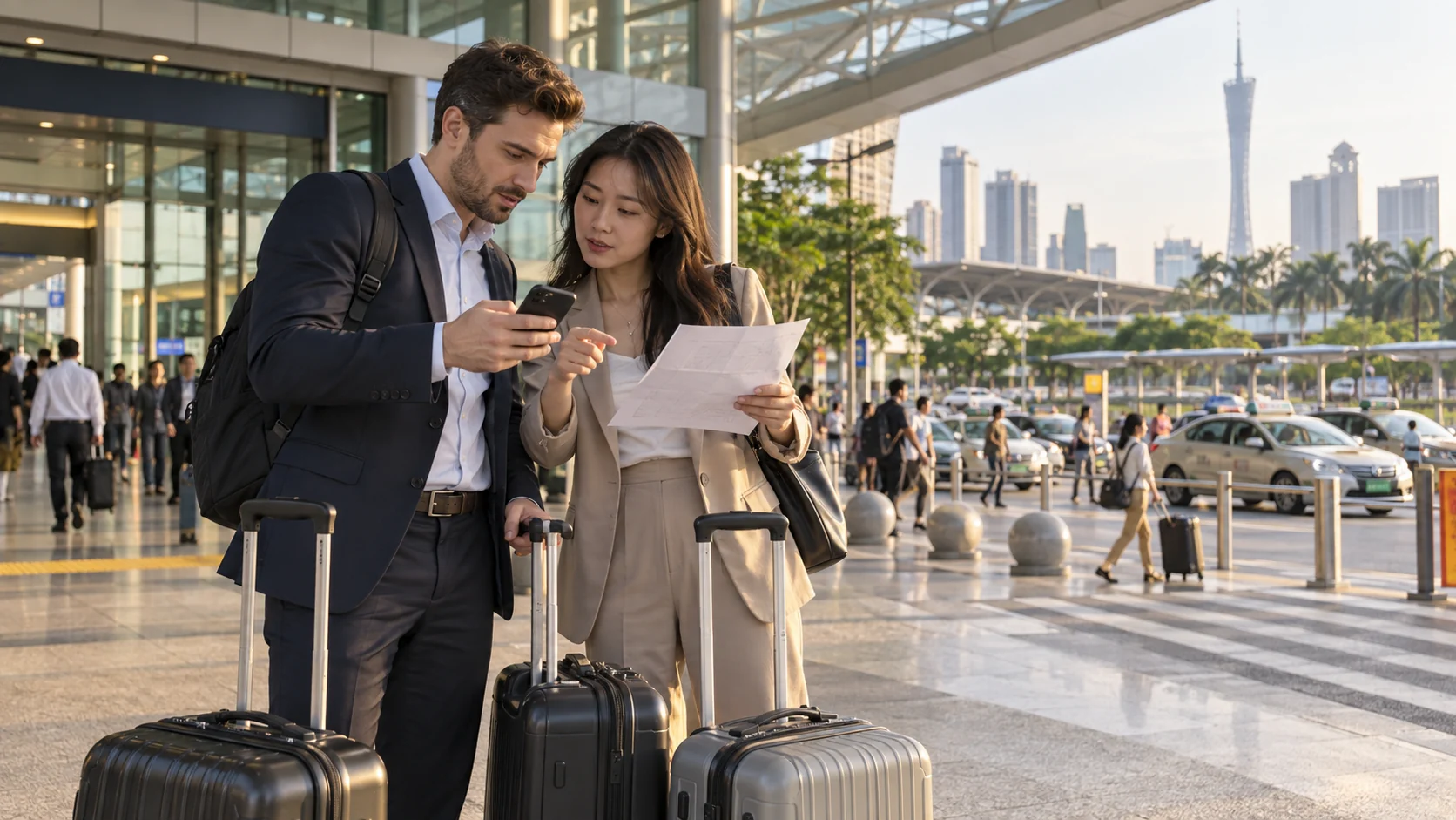 Business travellers checking the onward trip with luggage outside a railway station