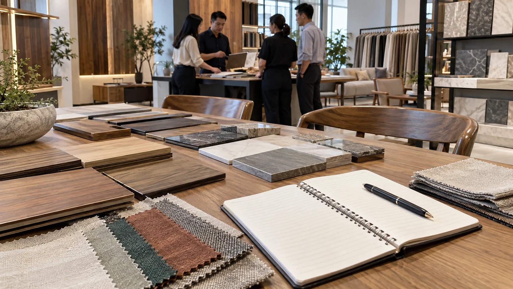 Illustrative material samples in a furniture showroom