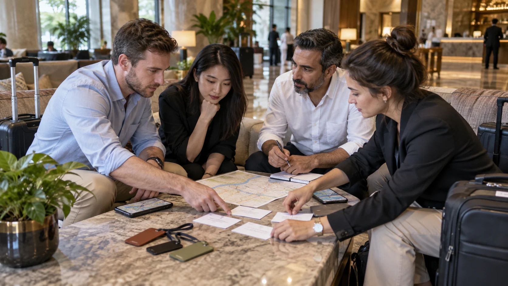 Illustration of a sourcing team reviewing meeting notes in a hotel lounge